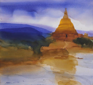 World Is His Reflection (Golden Temple) by Prashant Prabhu, Original Watercolor Landscape Painting on Arches Paper, Small Horizontal Wall Art