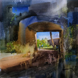 Landscape watercolor painting titled 'World Through Heritage', 15x15 inches, by artist Purendra Deogirkar on Paper