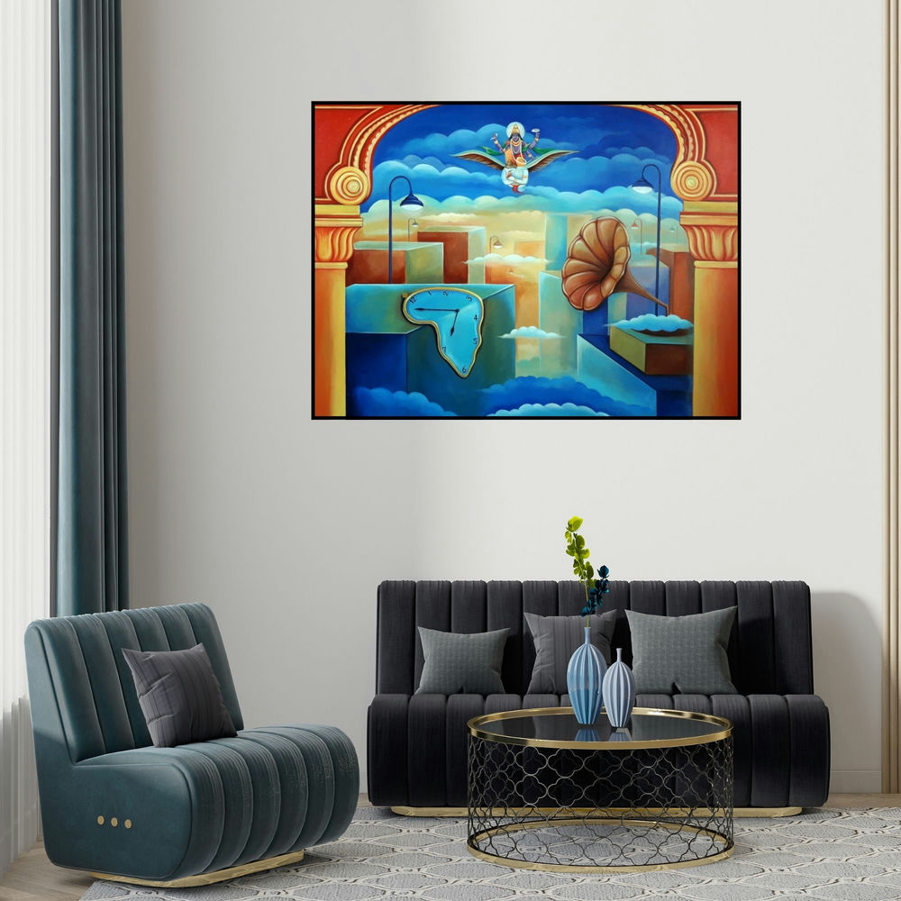 'Worlds Watch (Vishnu on Garuda)' painting by Anand Kumar shown on a wall in a furnished room.