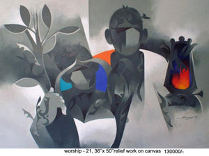 Figurative acrylic painting titled 'Worship 21', 36x50 inches, by artist Ranjit Singh on Canvas