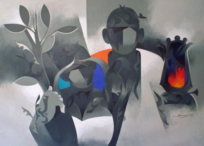 Figurative acrylic painting titled 'Worship 21', 36x50 inches, by artist Ranjit Singh on Canvas