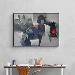 Preview of 'Worship 21 (Sanctuary of Symbols)' Painting by Ranjit Singh shown on a wall in a furnished room.