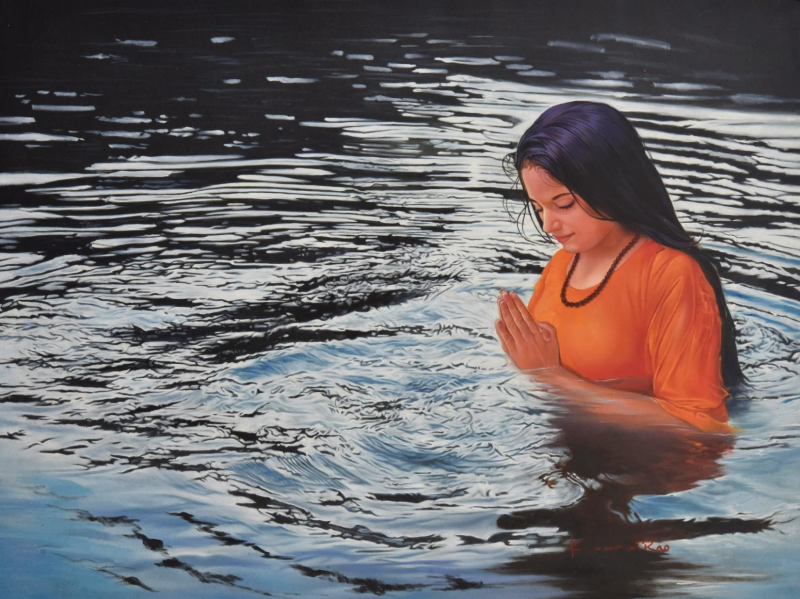 Worship' religious oil painting by artist Kamal Rao, 36x48 inch, on canvas