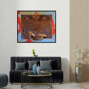 'Worship' painting by Nitin Marde shown on a wall in a furnished room.