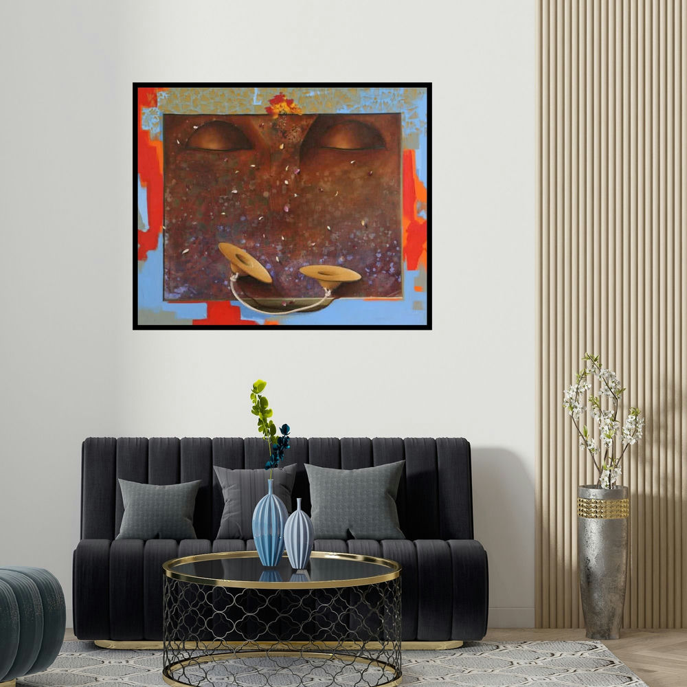 'Worship' painting by Nitin Marde shown on a wall in a furnished room.