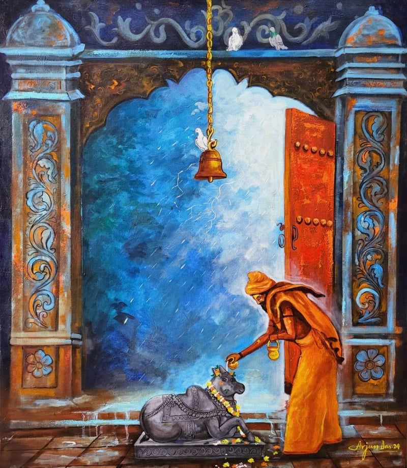 Worship Of Shiva' religious acrylic painting by artist Arjun Das, 42x36 inch, on canvas