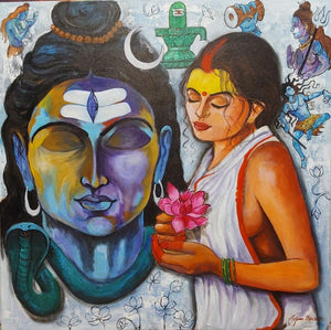 Religious acrylic painting titled 'Worshiping Of Shiva', 36x36 inches, by artist Arjun Das on Canvas