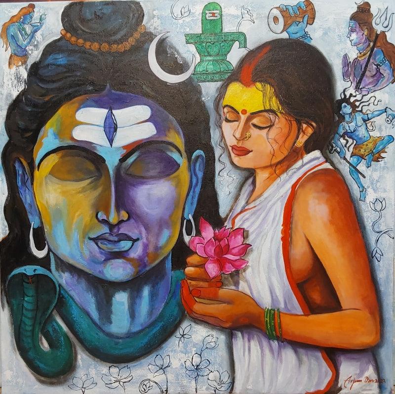 Religious acrylic painting titled 'Worshiping Of Shiva', 36x36 inches, by artist Arjun Das on Canvas