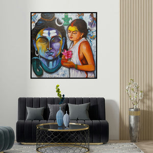 Arjun Das's 'Worshiping Of Shiva (Buddha)' painting visualized above a sofa in a contemporary room.