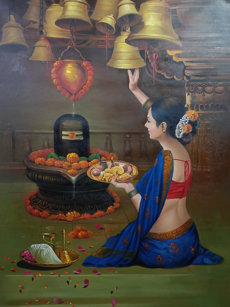 'Worshipper' religious oil painting by artist Kamal Rao, 48x36 inch, on canvas