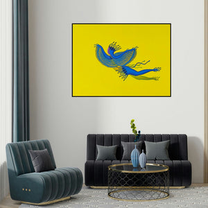 Nitesh Panchal's 'Yaksha (Untitled)' painting visualized above a sofa in a contemporary room.