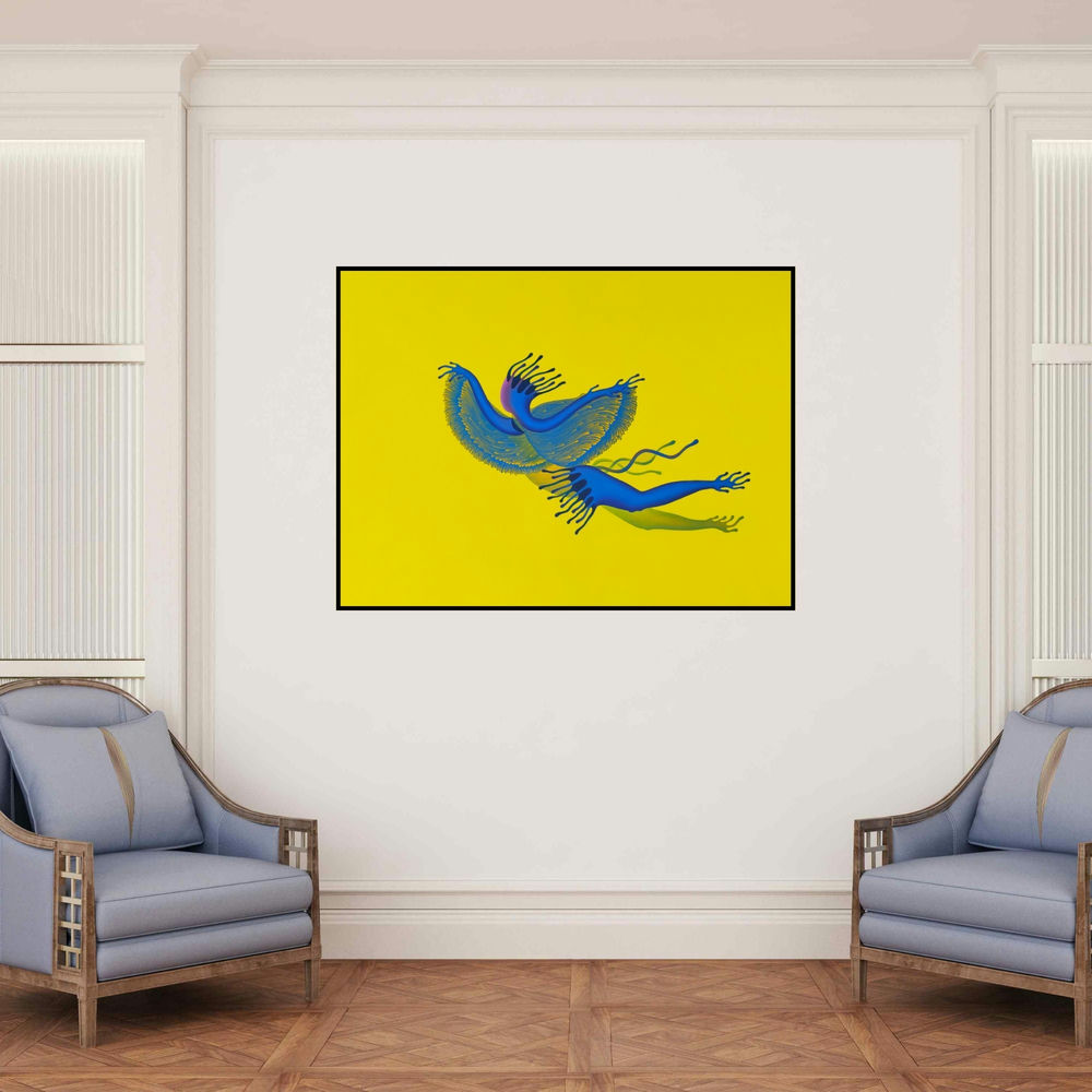 'Yaksha (Untitled)' painting by Nitesh Panchal shown on a wall in a furnished room.