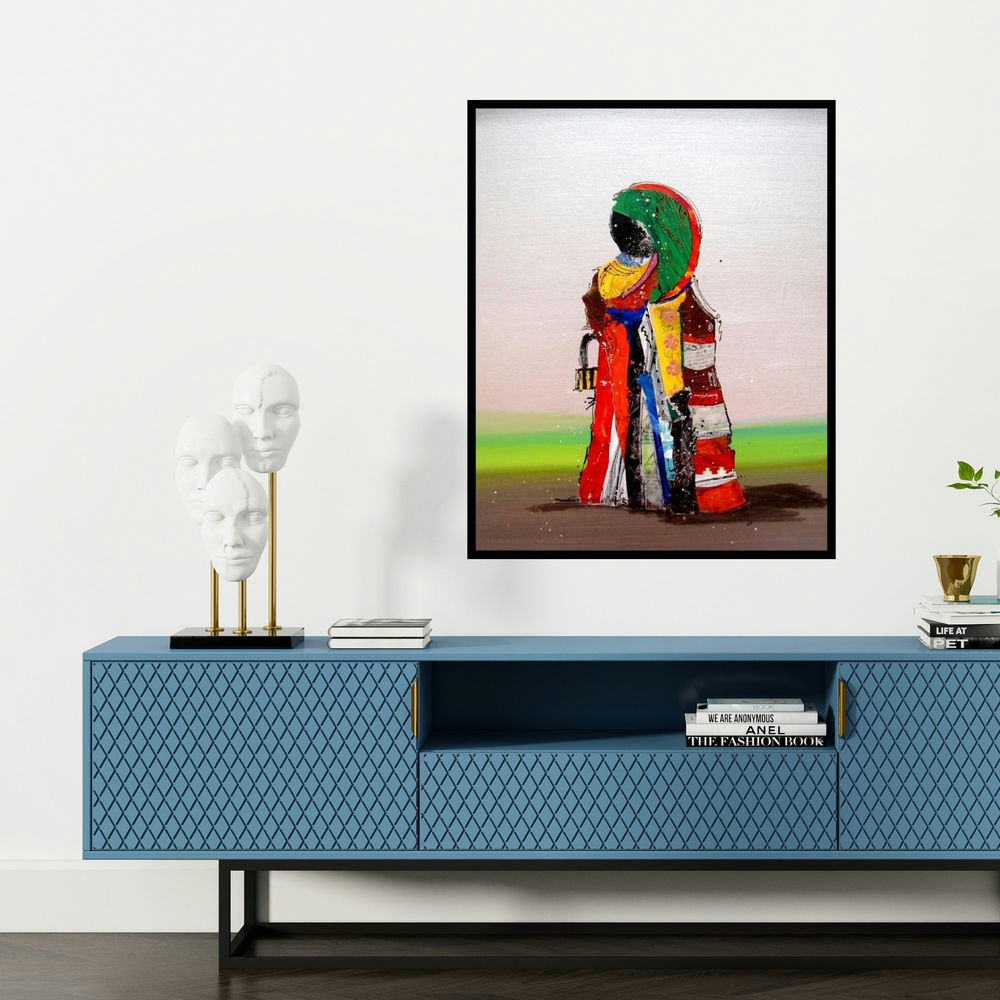 'Yarns Of Dreams' painting by Sheetal Singh shown on a wall in a furnished room.