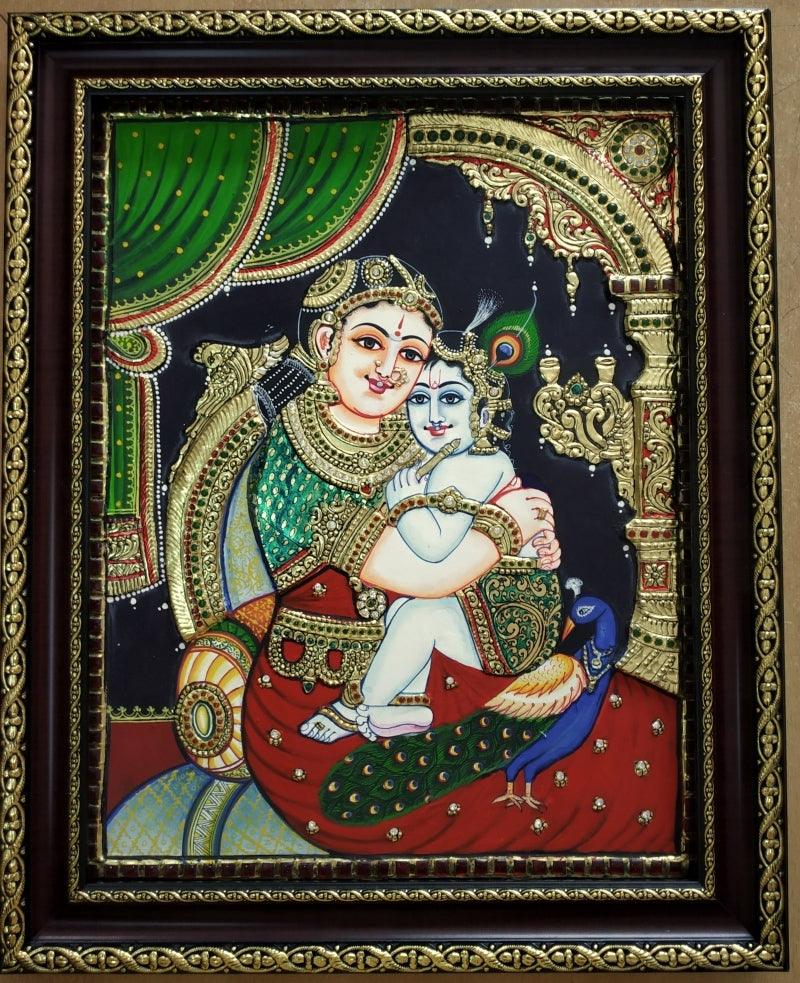 Religious tanjore traditional art titled 'Yashodha Krishna Tanjore Painting 4', 15x12 inches, by artist VANI VIJAY on Plywood