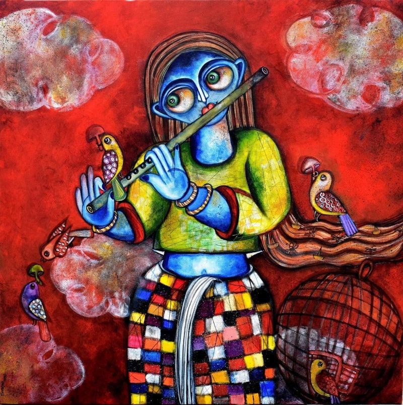 Figurative acrylic painting titled 'Yashomati', 30x30 inches, by artist Sharmi Dey on Canvas
