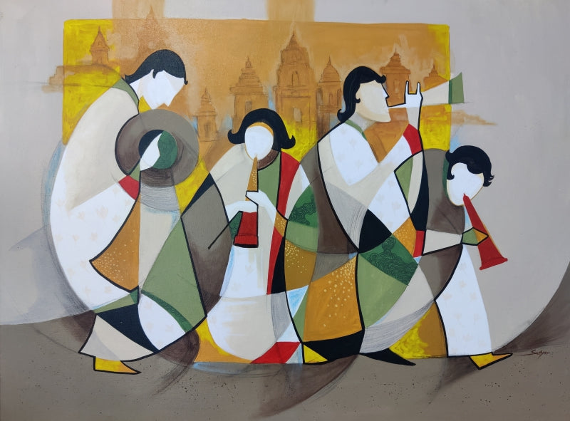 Yatra' figurative acrylic painting by artist Satyendra Rane, 30x40 inch, on canvas