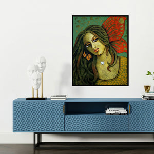 'Yauvana 14 (Butterfly Woman)' painting by Ramchandra B Pokale shown on a wall in a furnished room.