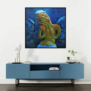 'Yauvana 32 (Sleeping Angel)' painting by Ramchandra B Pokale shown on a wall in a furnished room.