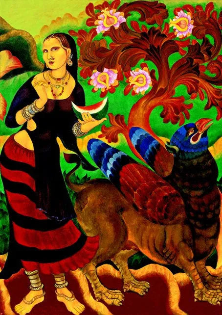 Figurative serigraphs painting titled 'Yayati Ushas 3', 44x30 inch, by artist A Ramachandran on Paper