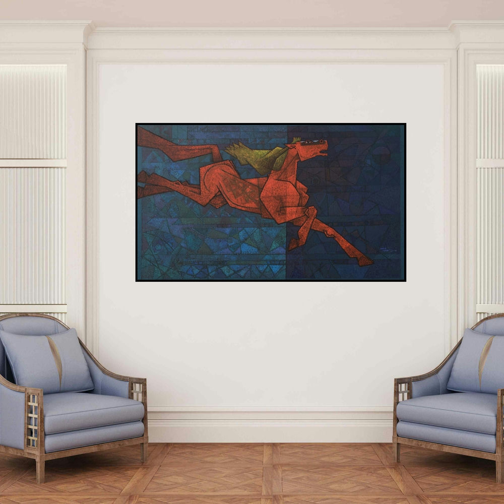 'The Yearning' painting by Dinkar Jadhav shown on a wall in a furnished room.