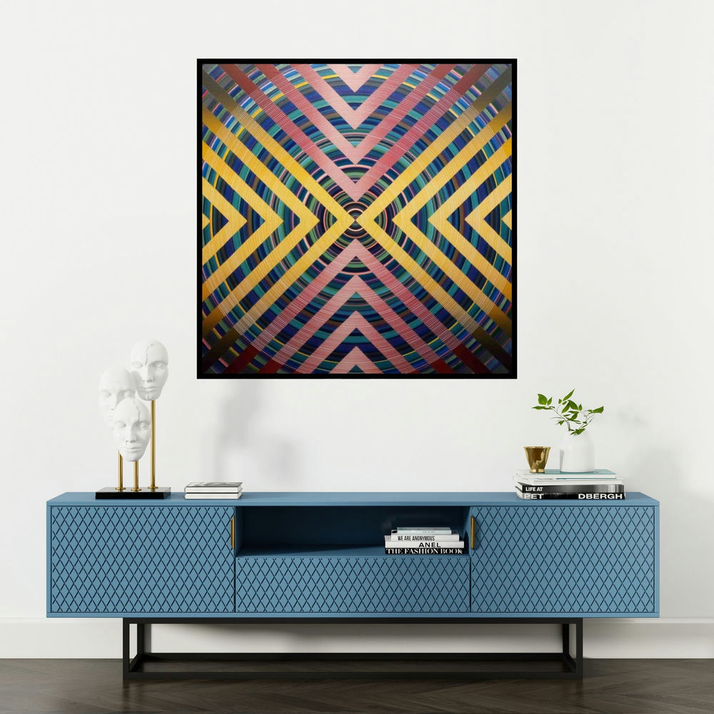 'Yellow And Red Filter (Yellow & Red Filter)' painting by Ghanshyam Gupta shown on a wall in a furnished room.