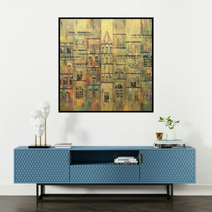 'Yellow City 2 (Golden City)' painting by Suresh Gulage shown on a wall in a furnished room.