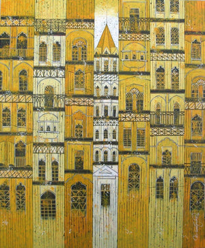 Cityscape acrylic painting titled 'Yellow City', 36x30 inches, by artist Suresh Gulage on Canvas