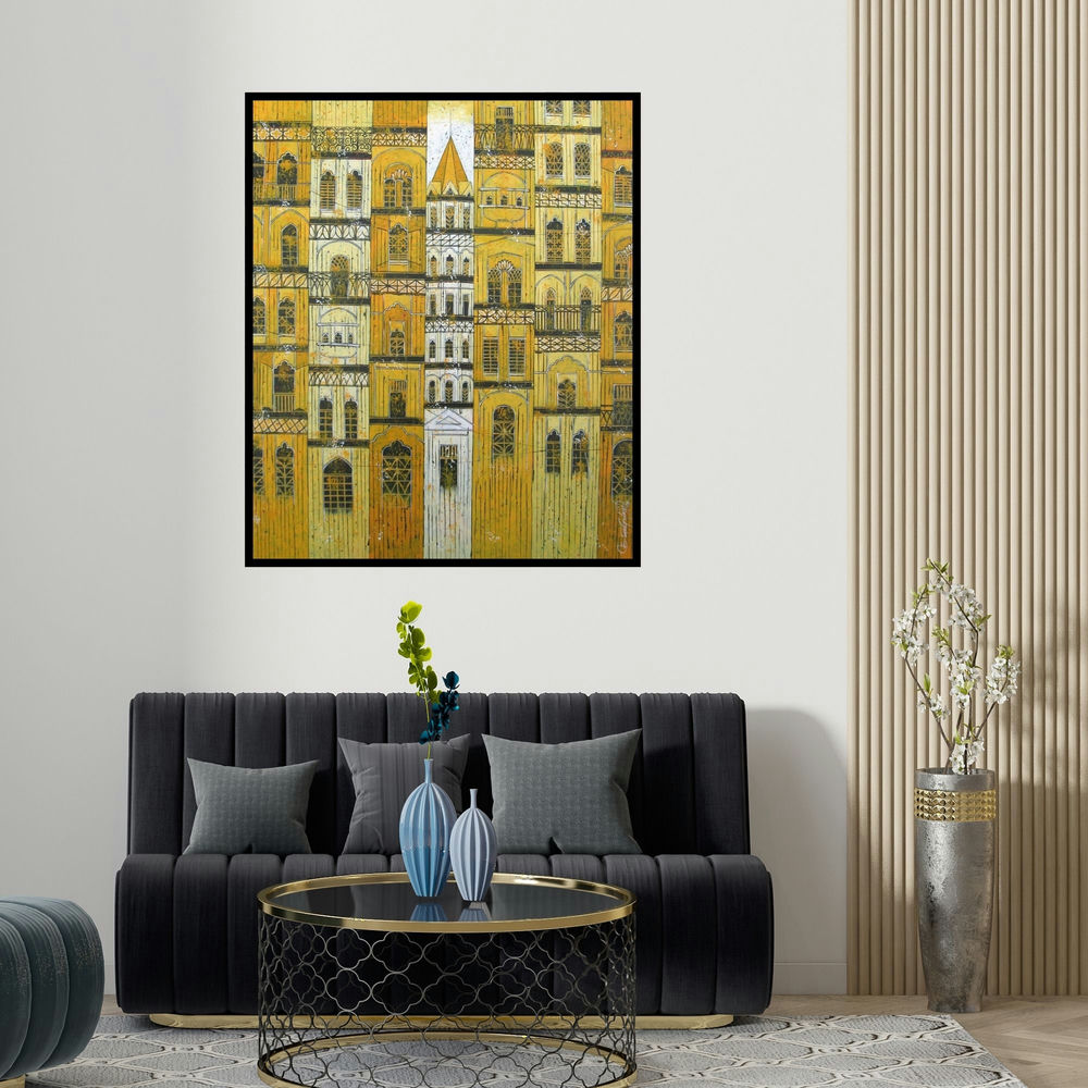 'Yellow City (Golden Cityscape)' painting by Suresh Gulage shown on a wall in a furnished room.