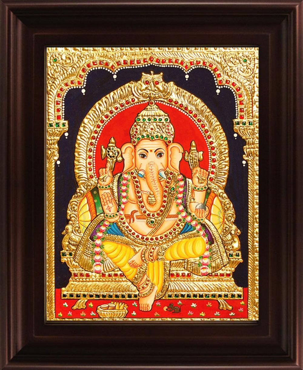 Religious tanjore traditional art titled 'Yellow Dhoti Ganesha Tanjore Painting', 24x18 inches, by artist Myangadi Tanjore on Plywood