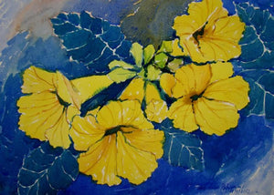 Yellow Flower (Radiant Blooms) by Jiaur Rahman, Original Watercolor Nature Painting on Paper, Small Horizontal Wall Art