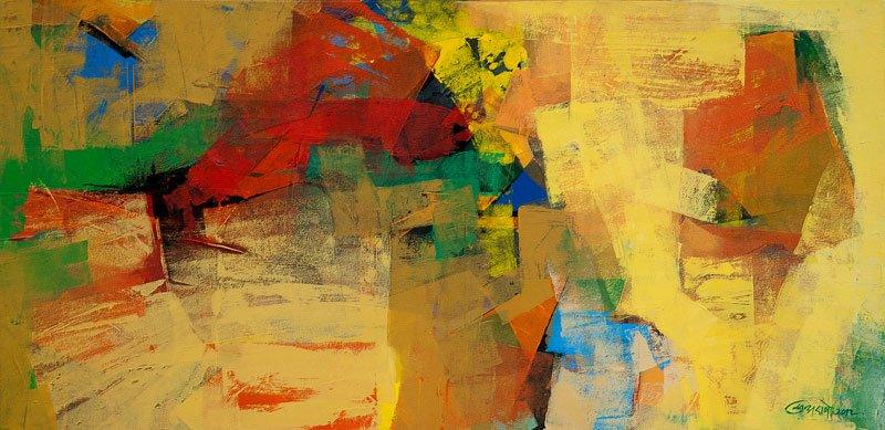 Abstract acrylic painting titled 'Yellow Horizontal Abstract', 18x36 inches, by artist Siddhesh Rane on Canvas