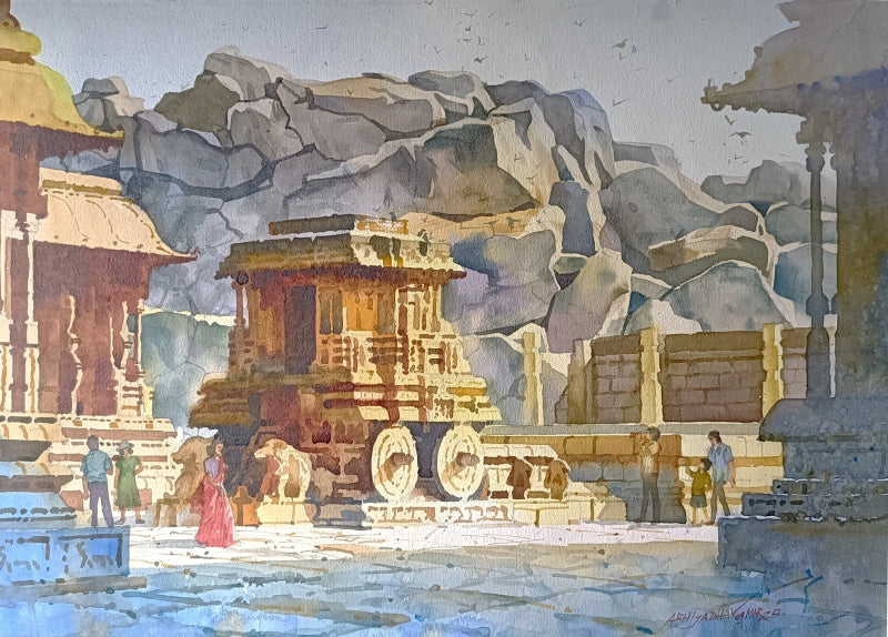 'Yellow Light On Chariot' religious watercolor painting by artist Abhijit Jadhav, 24x30 inch, on paper