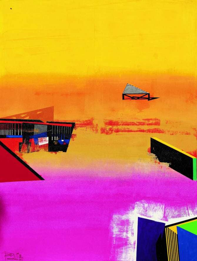 'Yellow Mist 2' abstract acrylic painting by artist Prabhinder Lall, 48x36 inch, on canvas