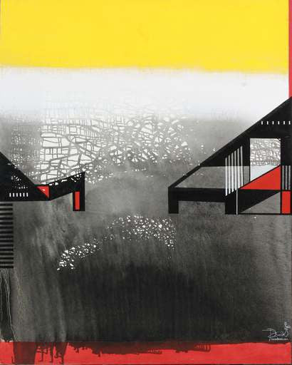 'Yellow Mist 3' abstract acrylic painting by artist Prabhinder Lall, 48x38 inch, on canvas