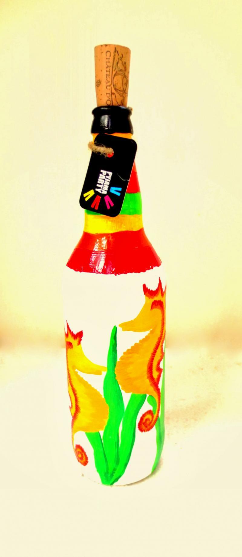 Lifestyle craft titled 'Yellow Moon Cats Hand Painted Glass Bottles', 12x3x12 inches, by artist Rithika Kumar on Recycled Glass