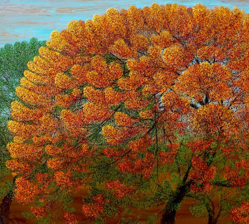 'Yellow Tree' nature oil painting by artist Pardeep Singh, 54x60 inch, on canvas