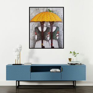 Kappari Kishan's 'Yellow Umbrella' painting visualized above a sofa in a contemporary room.