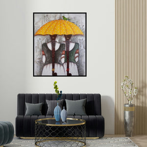 'Yellow Umbrella' painting by Kappari Kishan shown on a wall in a furnished room.