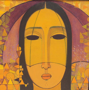 Yellow Umbrella (Golden Aura: A Veiled Portrait) by Mamta Mondkar, Original Acrylic Figurative Painting on Canvas, Small Square Wall Art