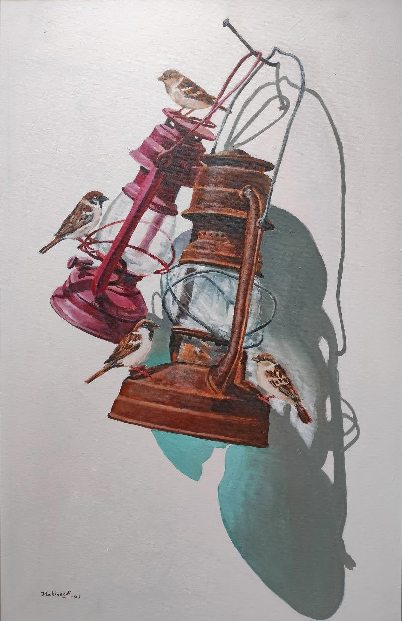 Yesterday Shadows 3' still-life acrylic painting by artist Srinivasa Ram Makineedi, 36x24 inch, on canvas