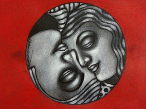 Yin Yang Couple (Unity Within) by Deblina Ghosh, Original Mixed Media Figurative Painting on Paper, X-Small Horizontal Wall Art
