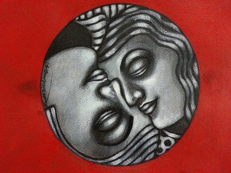 Figurative mixed media painting titled 'Yin Yang Couple', 13x10 inches, by artist Deblina Ghosh on Paper