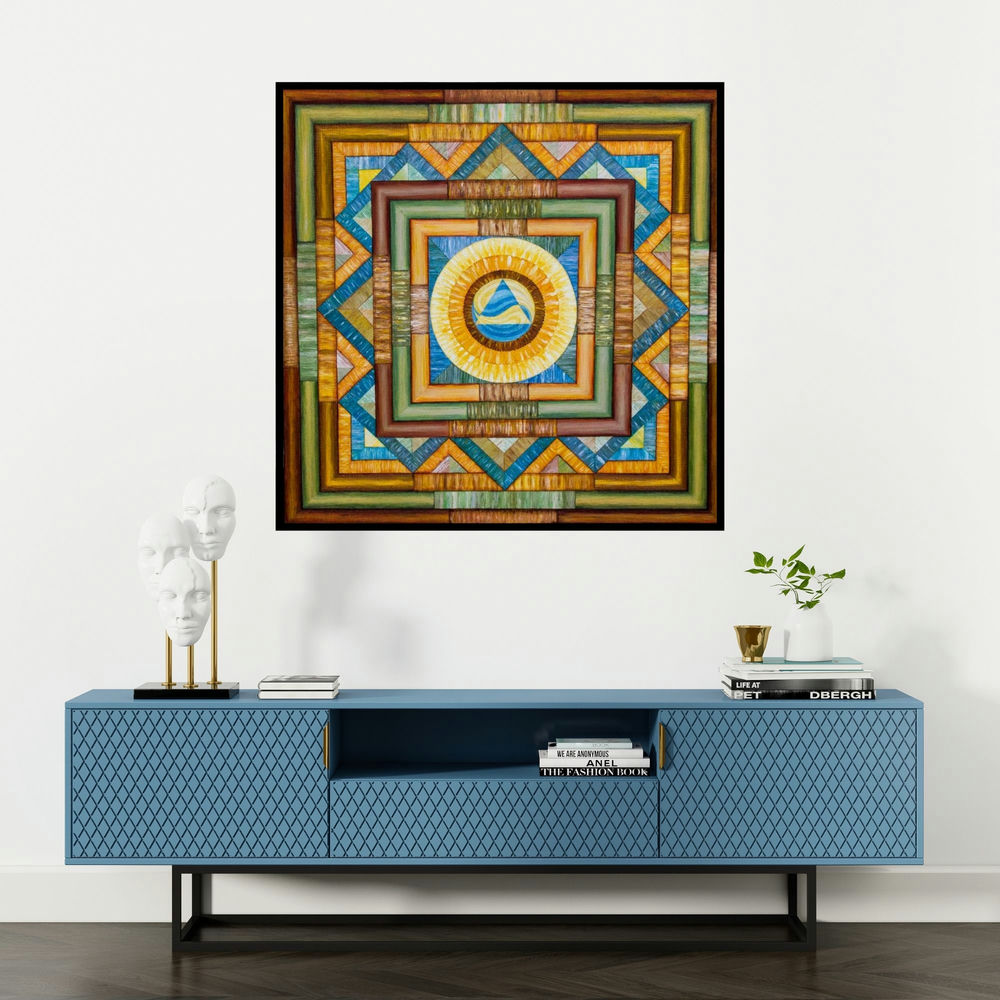 'Yin yang Mandala 36x 36 (Nested Dimensions)' painting by Manju Lamba shown on a wall in a furnished room.