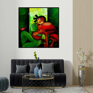 Sharmi Dey's 'Yochana (Sanctuary)' painting visualized above a sofa in a contemporary room.