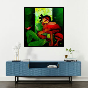'Yochana (Sanctuary)' painting by Sharmi Dey shown on a wall in a furnished room.