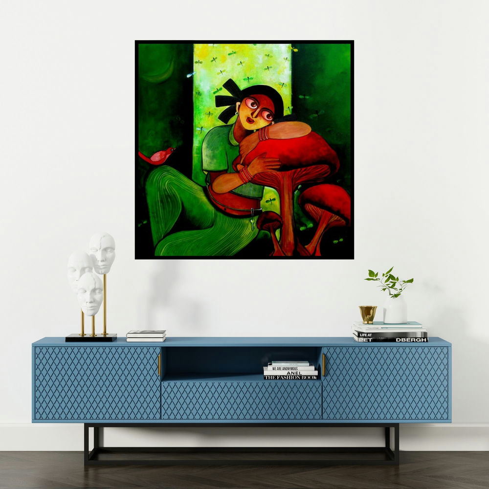 'Yochana (Sanctuary)' painting by Sharmi Dey shown on a wall in a furnished room.