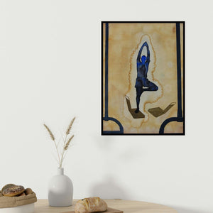 Manish Sutar's 'Yoga (Inner Balance: A Figurative Composition)' painting visualized above a sofa in a contemporary room.