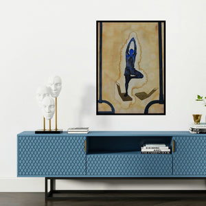 'Yoga (Inner Balance: A Figurative Composition)' painting by Manish Sutar shown on a wall in a furnished room.