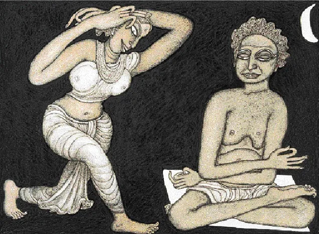 Figurative serigraphs painting titled 'Yogi And The Dancer', 22x30 inch, by artist Jogen Chowdhury on Paper