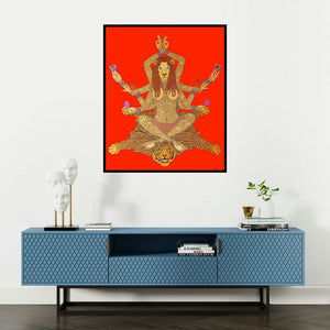 Bandana Kumari's 'Yogni (Divine Multi-Armed Goddess)' painting visualized above a sofa in a contemporary room.